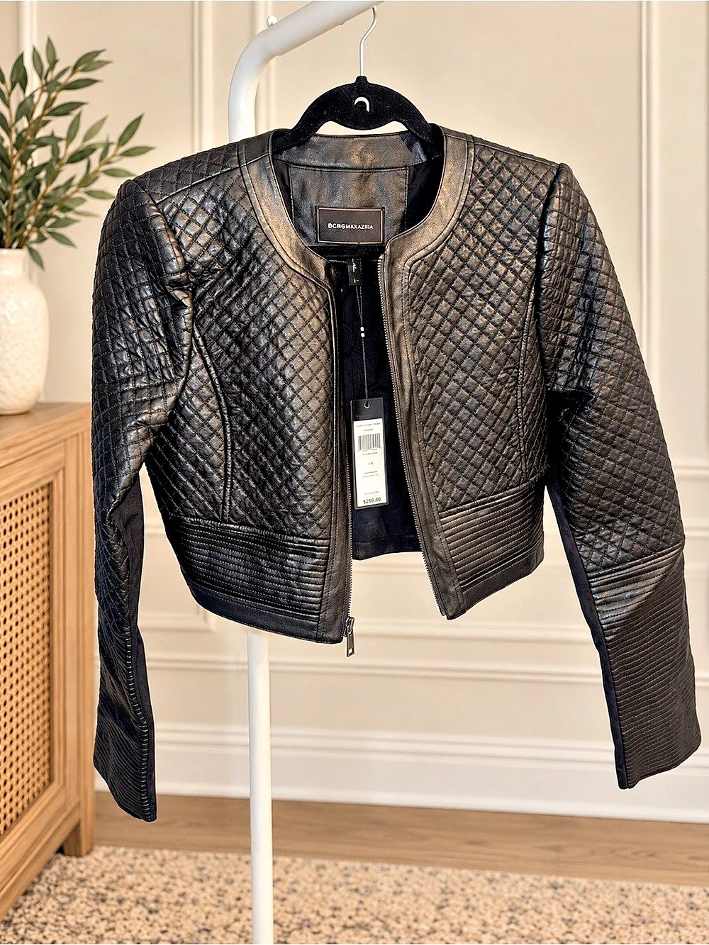 BCBG Quilted Faux Leather Jacket Black Size Small NWT